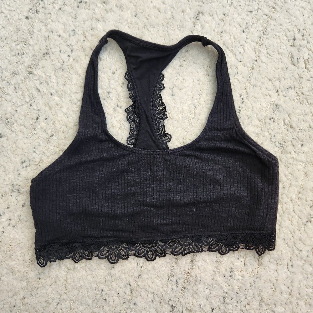 Aerie American Eagle Black Ribbed Lace Trimmed Bralette Small